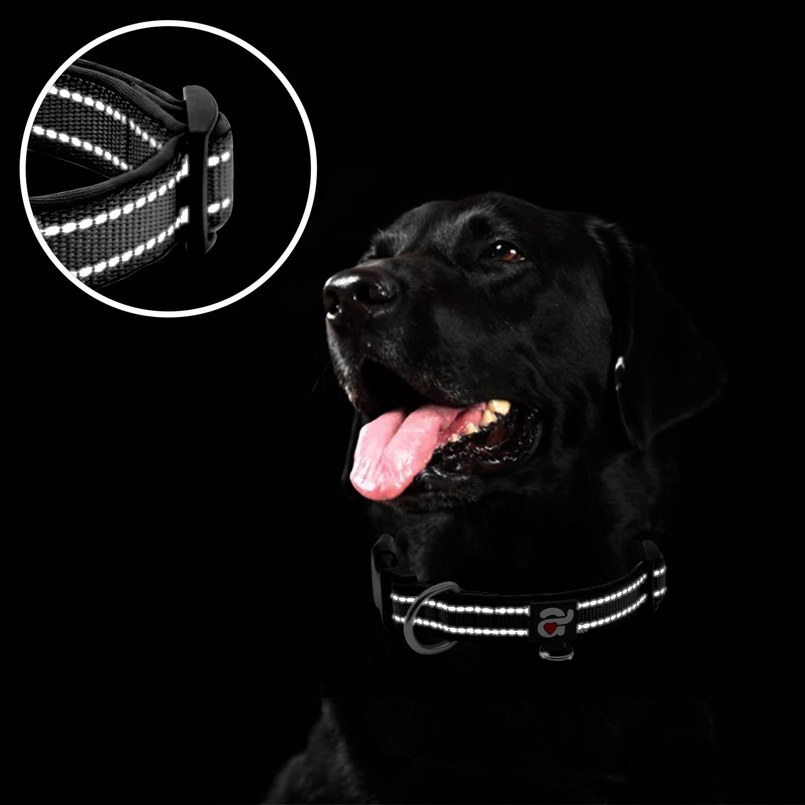 Azuza Reflective Dog Collar,Soft Neoprene Padded Pet Collar With Id Tag Ring,Adjustable For Large Dogs,Black,L