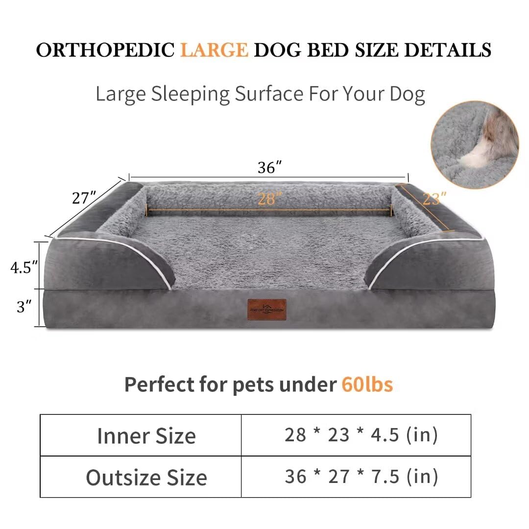 Comfort Expression Large Dog Bed - Waterproof Orthopedic Foam, 36"x27"x7.5", Grey, Removable Cover, Non-Slip Bottom