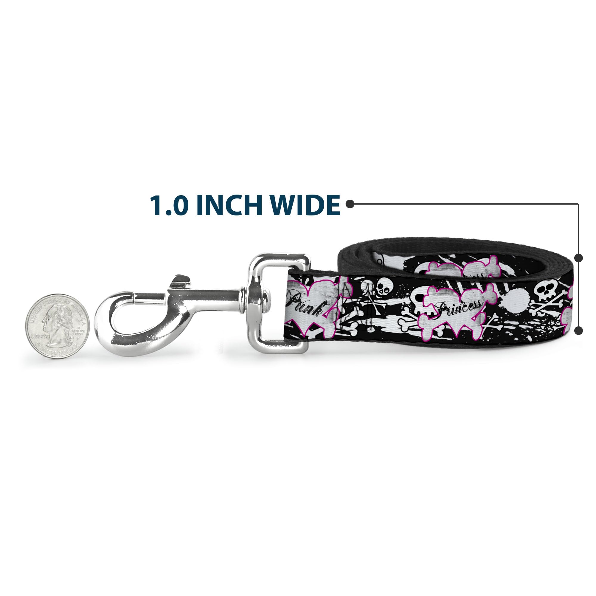 Buckle-Down Pet Leash - Punk Princess Heart & Cross Bones w/Skulls & Splatter Black/White - 6 Feet Long - 1.5 Wide