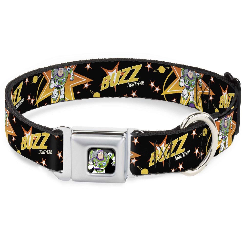 Buckle-Down Dog Collar Seatbelt Buckle Toy Story Buzz Lightyear Running Stars Black Orange Yellow, Multi Color, 1'''' Wide - Fit