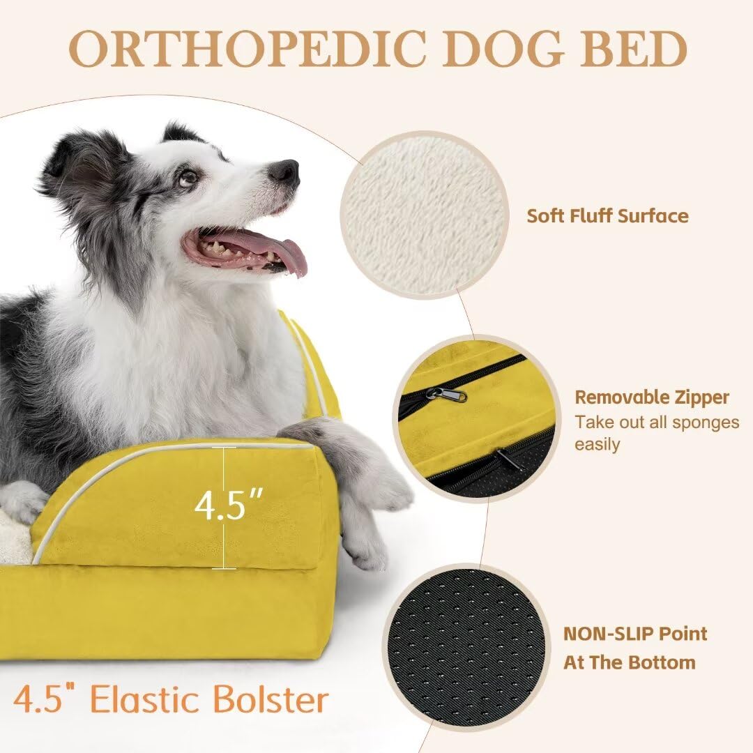 Comfort Expression Waterproof Dog Beds Large Sized Dogs, Large Dog Beds Orthopedic Foam, Comfy Pet Bed Sofa With Washable Removable Cover & Non-Slip Bottom(Large,Spicy Mustard)