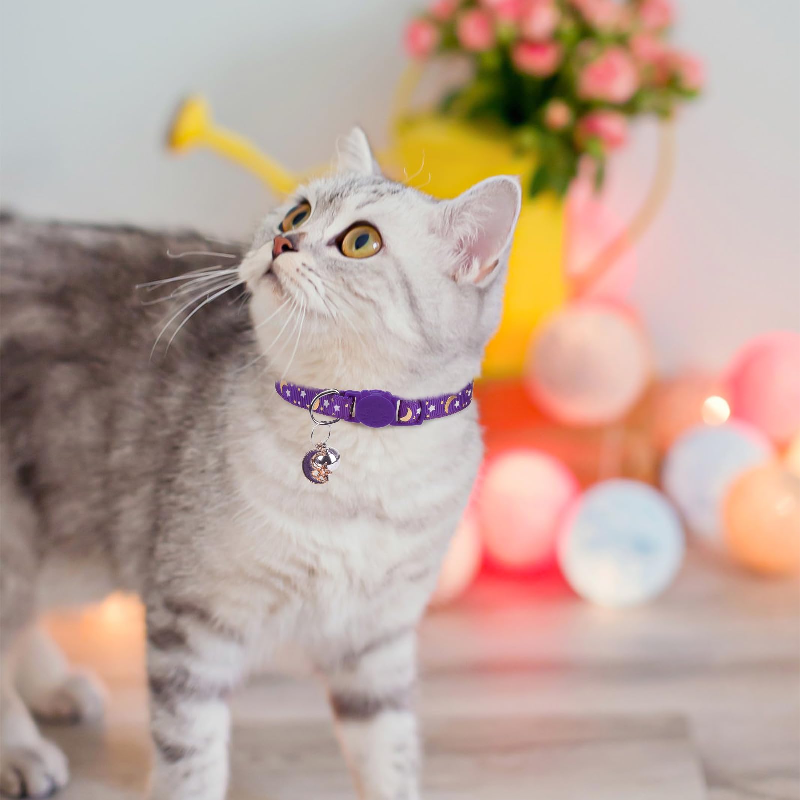 Scenereal Cat Collar With Bells, 12 Pcs Breakaway Cat Collars, Reflective Kitten Collar With Moons And Stars, Adjustable Pet Col