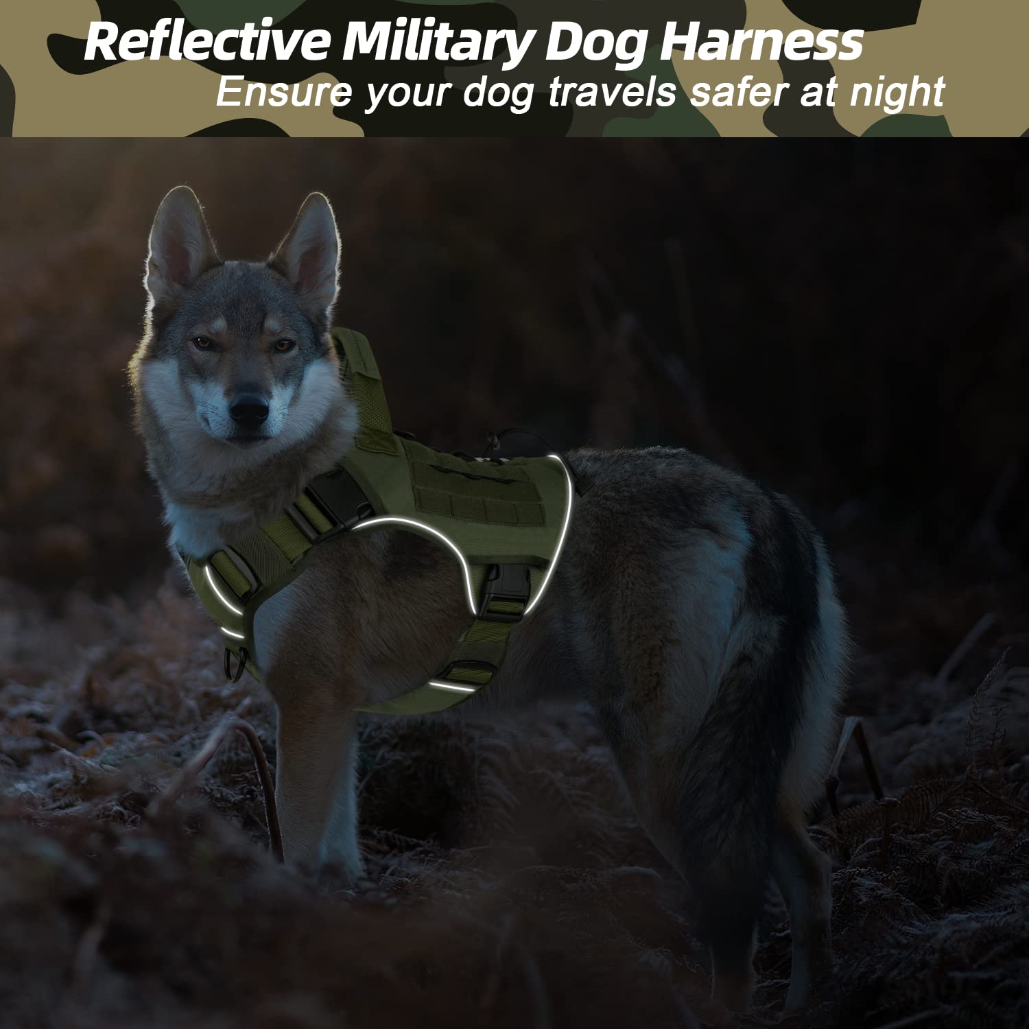 Wingoin Green Harness With Handle Tactical Dog Harness Vest For Large Medium Dogs No Pull Adjustable Reflective K9 Military Dog Vest Harnesses For Walking, Hiking, Training(M)