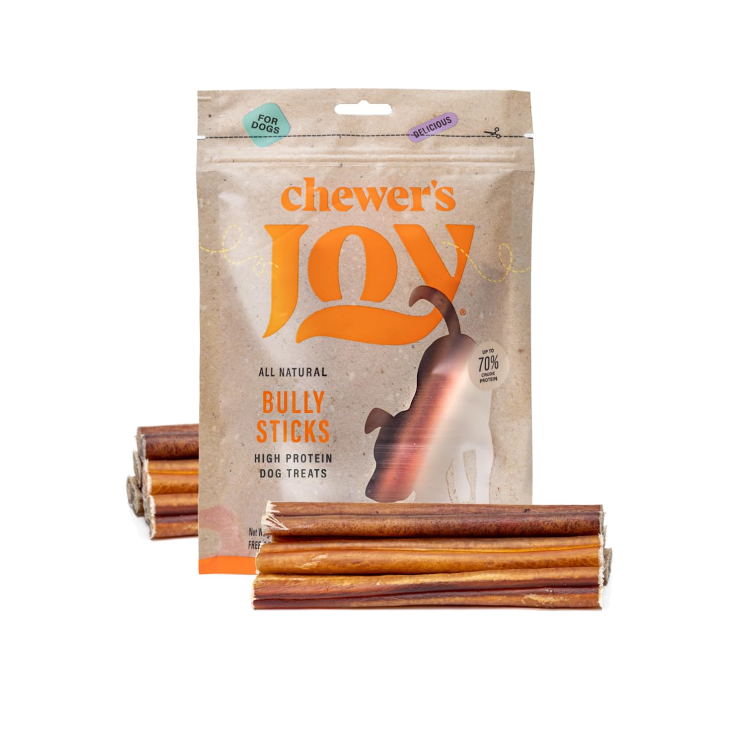 Chewers Joy Bully Sticks (8oz) - Natural Dog Treats - Single Ingredient Long-Lasting Chews, High Protein