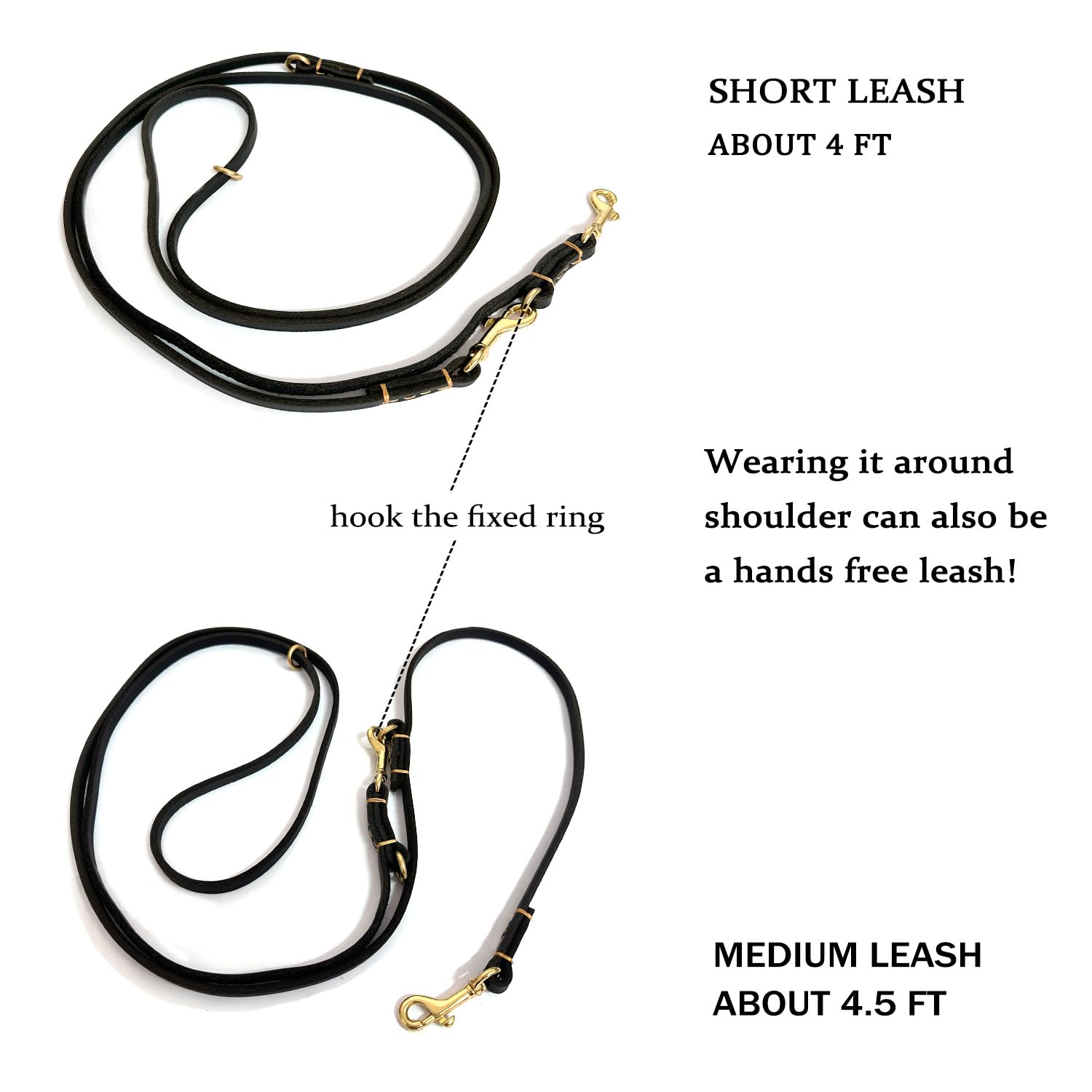 Multi Function 8ft Genuine Leather Hands Free Dog Training Leash for Puppy Small and Medium Dogs (8 Foot*3/8 inch, Black)