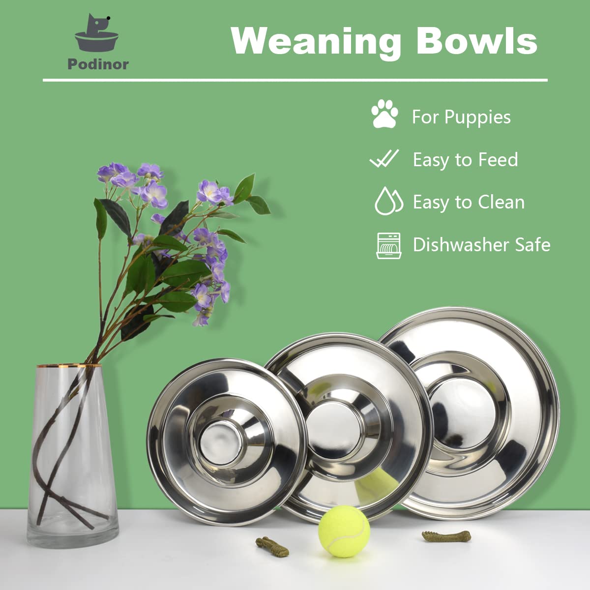 Podinor Stainless Steel Puppy Dog Bowls 2 Pack, Pets Puppies Feeding Food and Water Weaning Bowls Dishes Feeder
