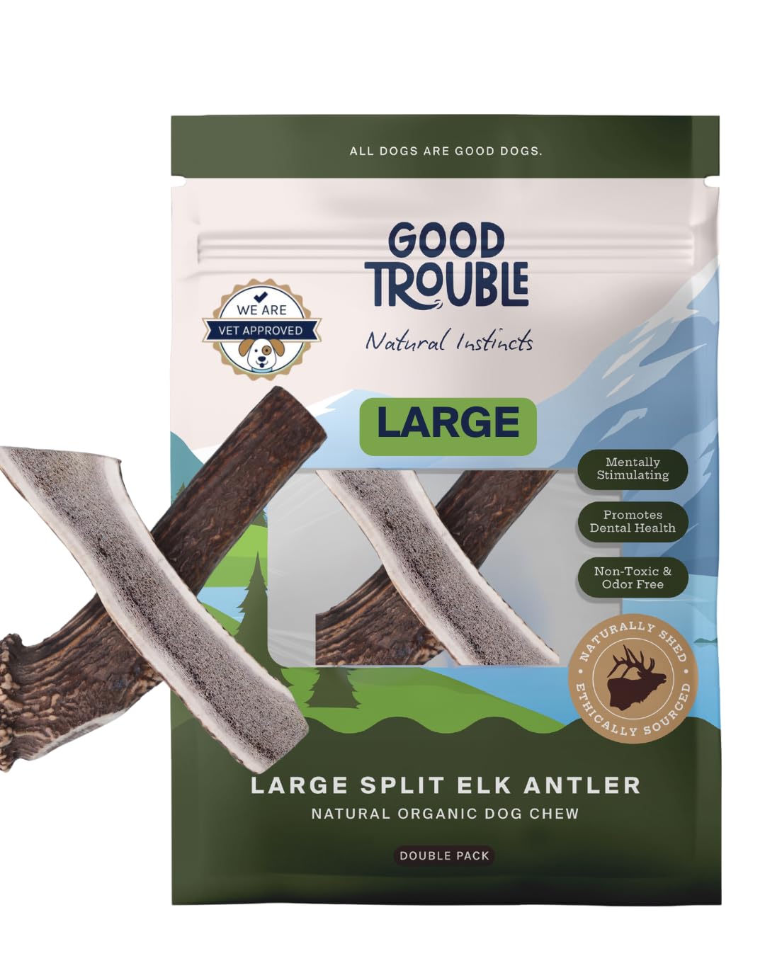 Good Trouble Premium Elk Antlers For Large Dogs - 2 Pack Split Pets - All-Natural, Shed Antler Chews For Dental Health & Calming