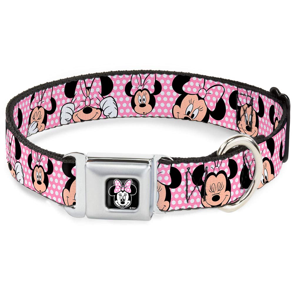 Buckle-Down Seatbelt Buckle Dog Collar - Minnie Mouse Expressions Polka Dot Pink/White - 1' Wide - Fits 15-26' Neck - Large