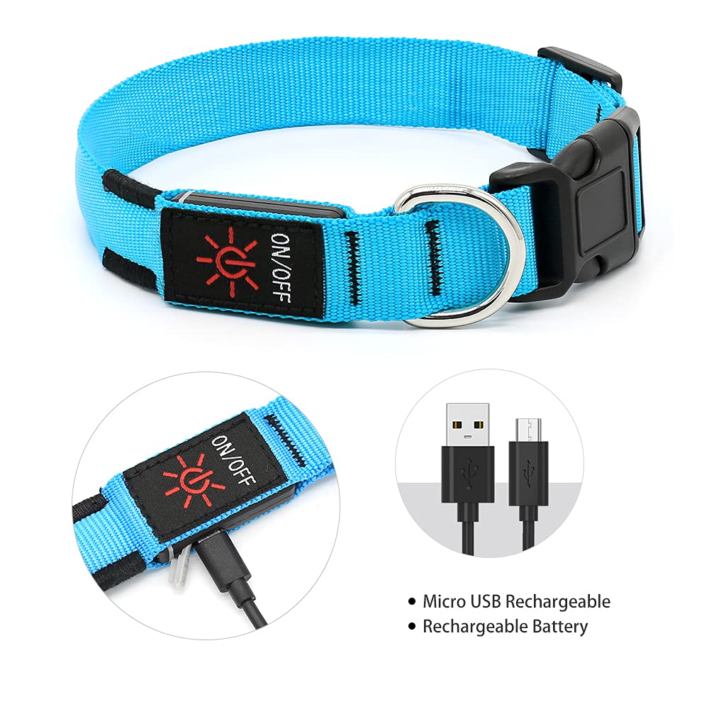 Illumifun Led Dog Collar, Usb Rechargeable Lighted Up Dog Collar, Adjustable Nylon Webbing Glowing Pet Safety Collar For Your Dogs (Blue, Medium)