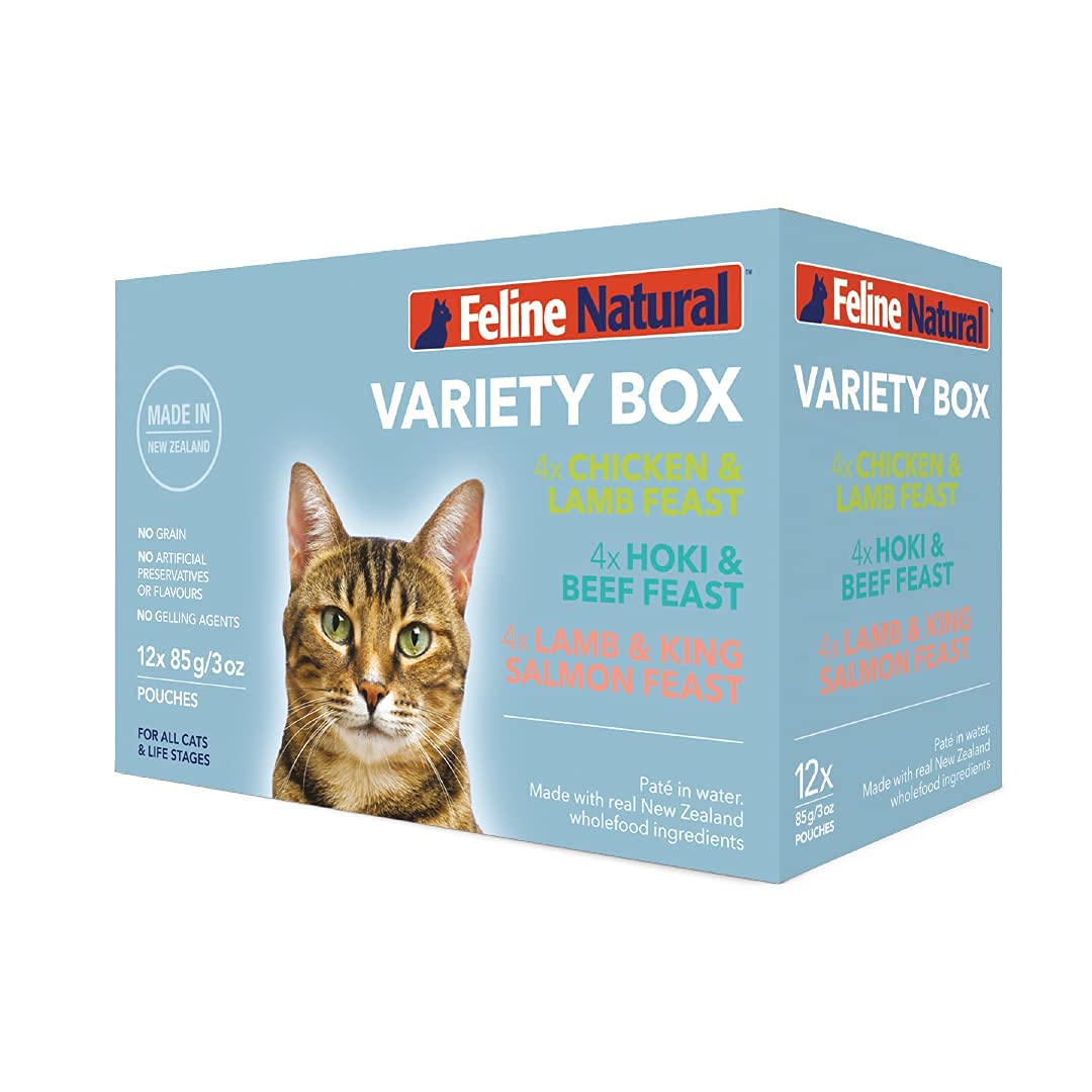 Feline Natural Wet Cat Food Variety Pack - Chicken, Lamb, Salmon & Beef Feast, Grain-Free, 3oz Pouches, New Zealand Made, Assort