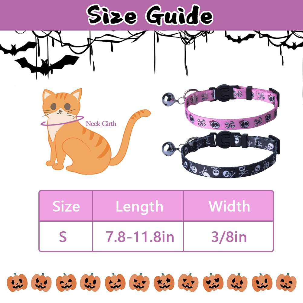 Pupteck Breakaway Cat Collar With Bell Charm, 2 Packs Adjustable Kitty Collars Pink & Black Skull Pattern