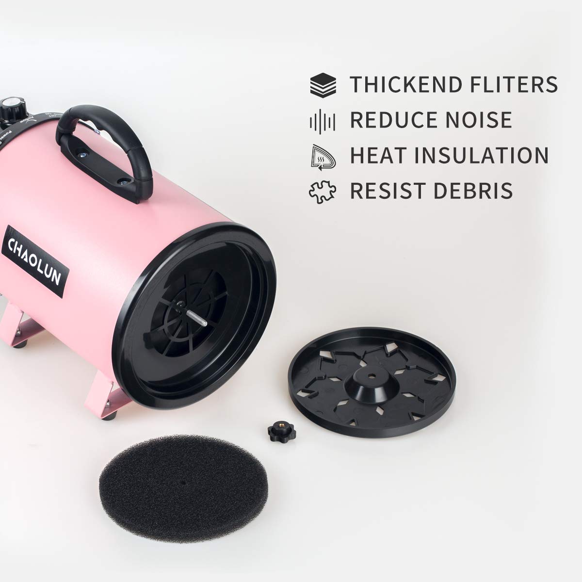 Chaolun Dog Dryer, Dog Blow Dryer, High Velocity Professional Pet Grooming Dryer, Dog Hair Dryer With Heater, Stepless Adjustable Speed, 3 Different Nozzles And A Comb, Pink