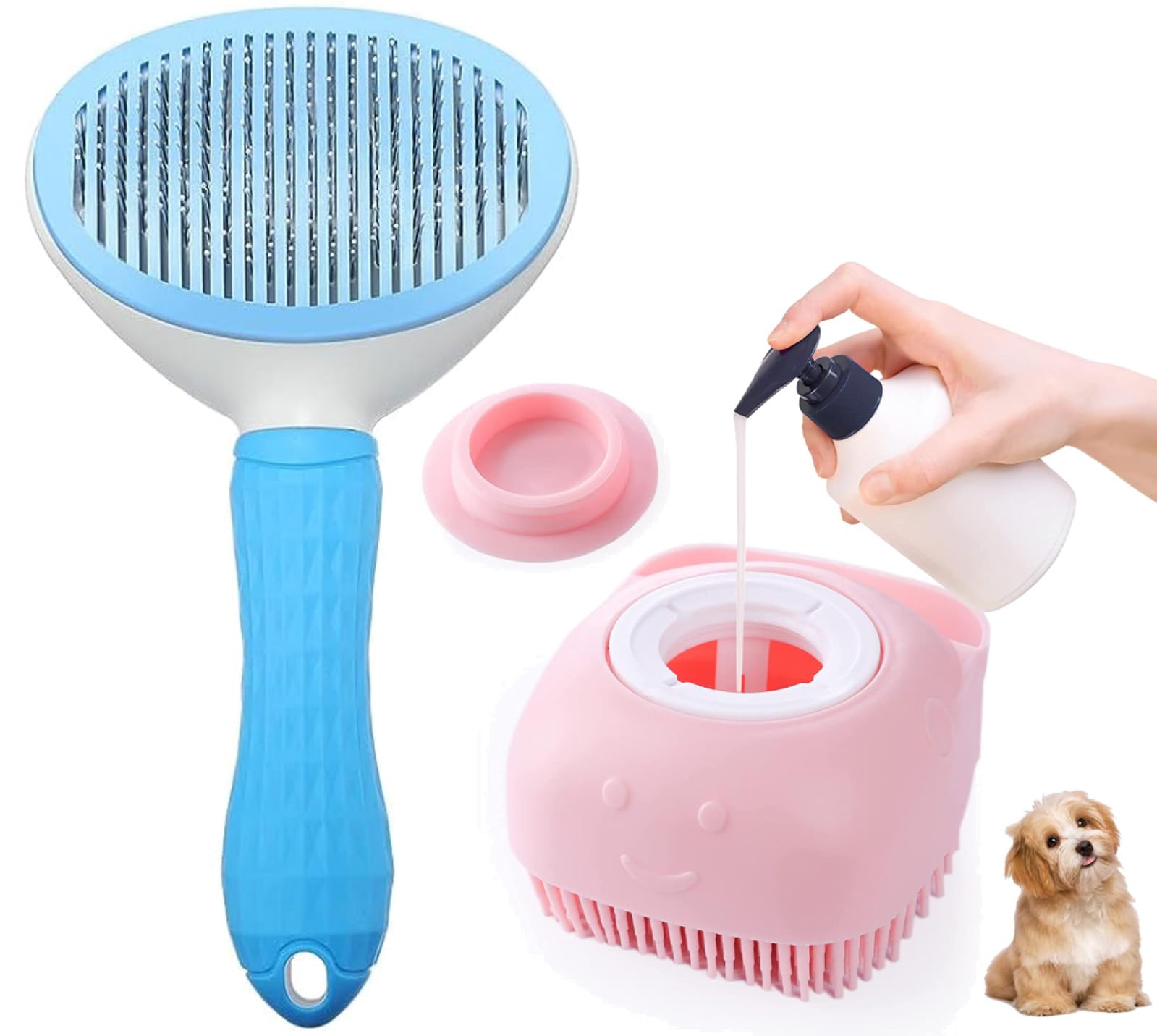Pack Of 2 Dog Comb Brush Cat Grooming Brush, Self Cleaning Pet Dog Slicker Brushes With Smooth Handle & Pet Massage Bath Brush S