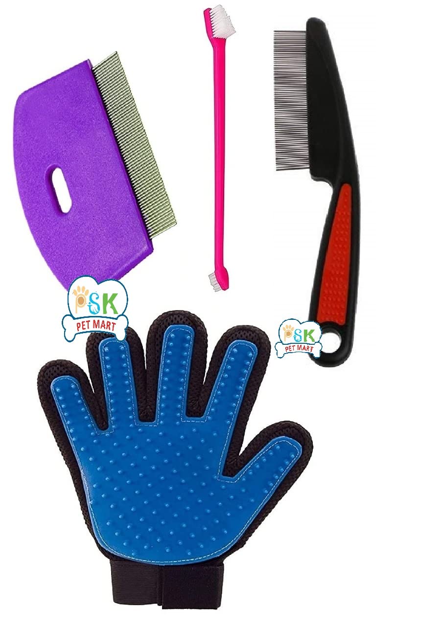 Psk Pet Mart Dog Grooming Kit  Dog Flea Comb + Dog Toothbrush + Pet Single Steel Comb + Pet Grooming Glove For Dog, Puppy, Cat 