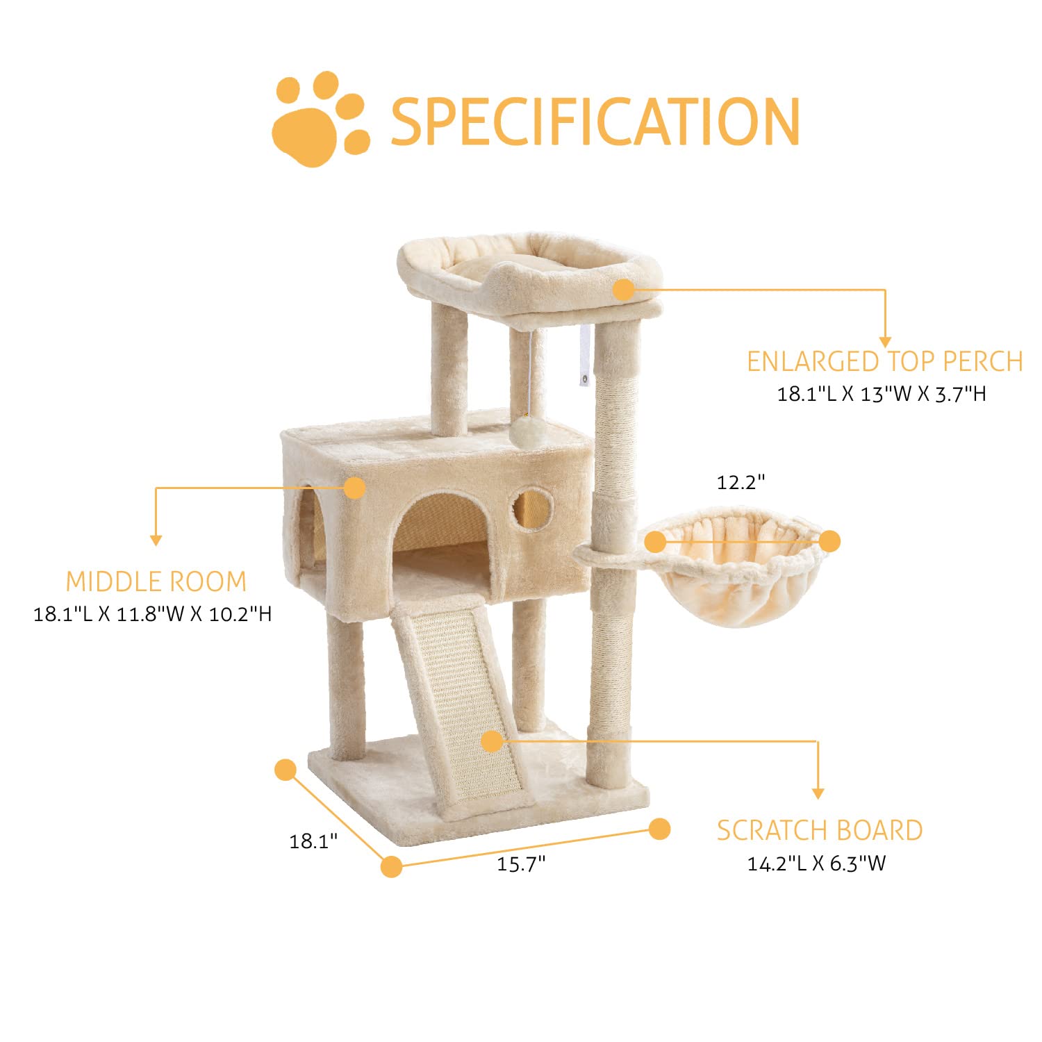 SHA CERLIN Cat Tree 36 Inches Cat Tower with Hammock, Sisal Scratching Post for Indoor Kittens, Small Room, Beige