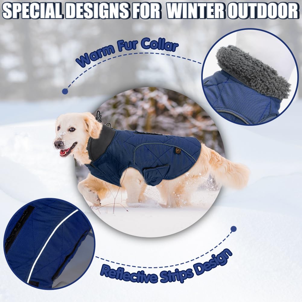 EMUST Dog Jacket - Reflective Polyester Winter Coat for Large Dogs, Dark Blue, Warm for Cold Weather
