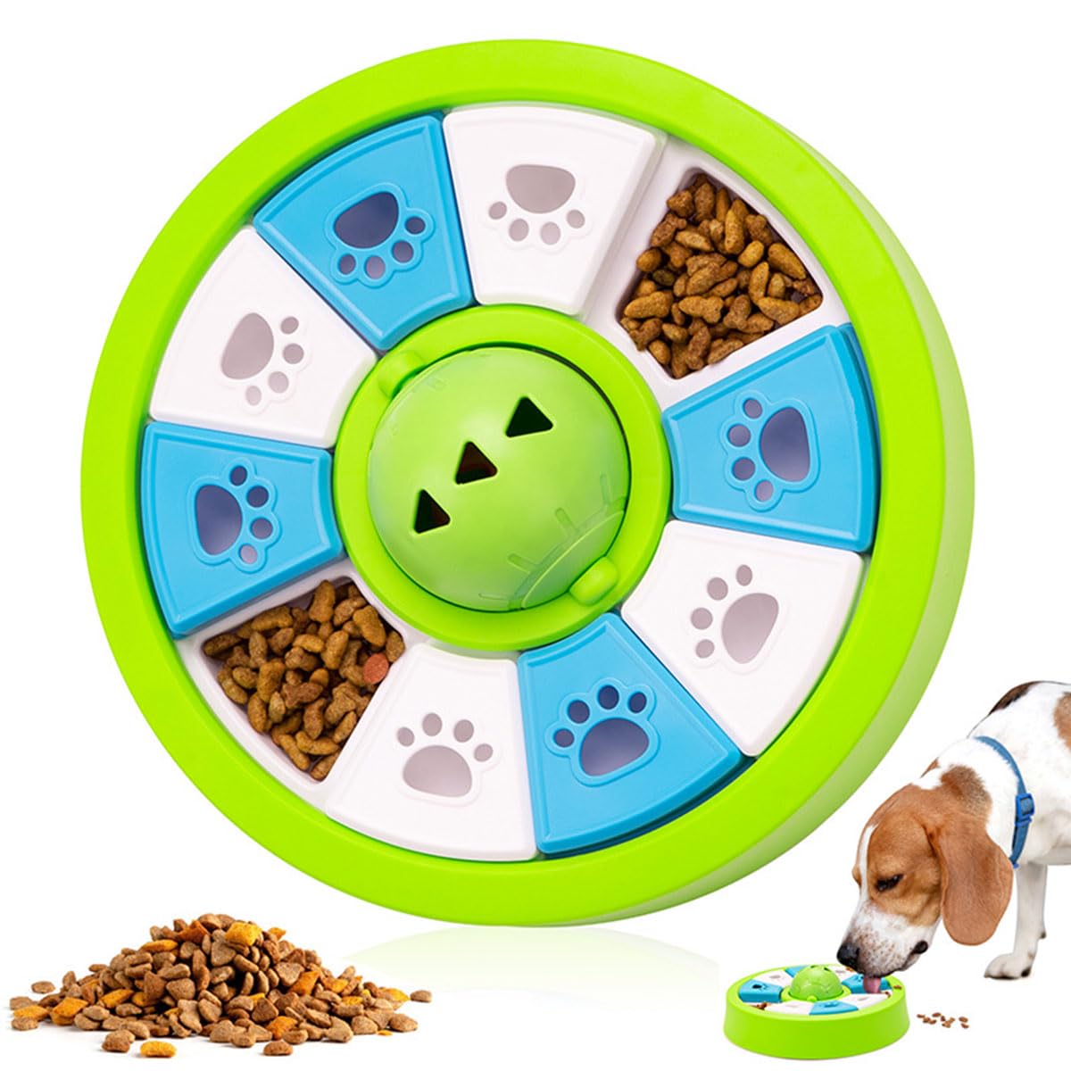 Qpets Slow Feeder Dog Bowl, Pet Food Dispenser with Rattling Ball, 360 Rotatable Lid & 10 Grids to Prevent Bloat, Dog Puzzle Fee