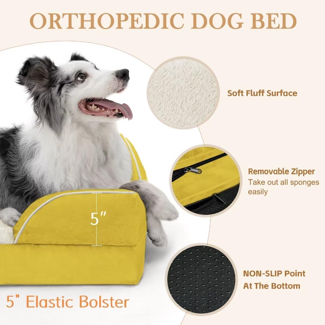 Comfort Expression Orthopedic Xl Dog Beds, Waterproof Extra Large Dog Bed With Bolster, Washable Dog Bed Sofa With Removable Cover & Non-Slip Bottom(X-Large,Spicy Mustard)