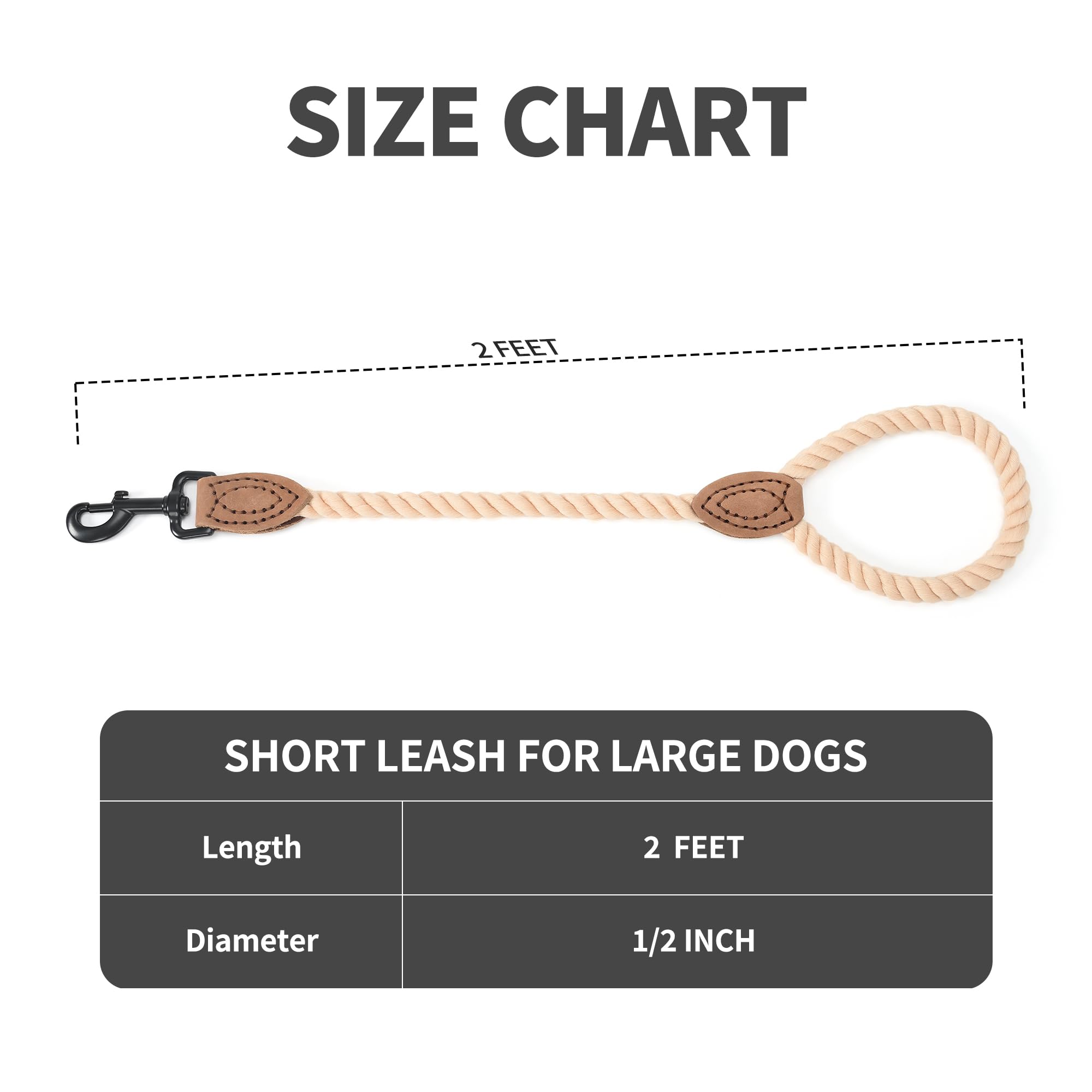 Mile High Life Short Dog Leash, Braided Cotton Rope Leashes With Leather Tip - Heavy Duty Metal Clasp, 18In, 1/2'' Thick - Weddi