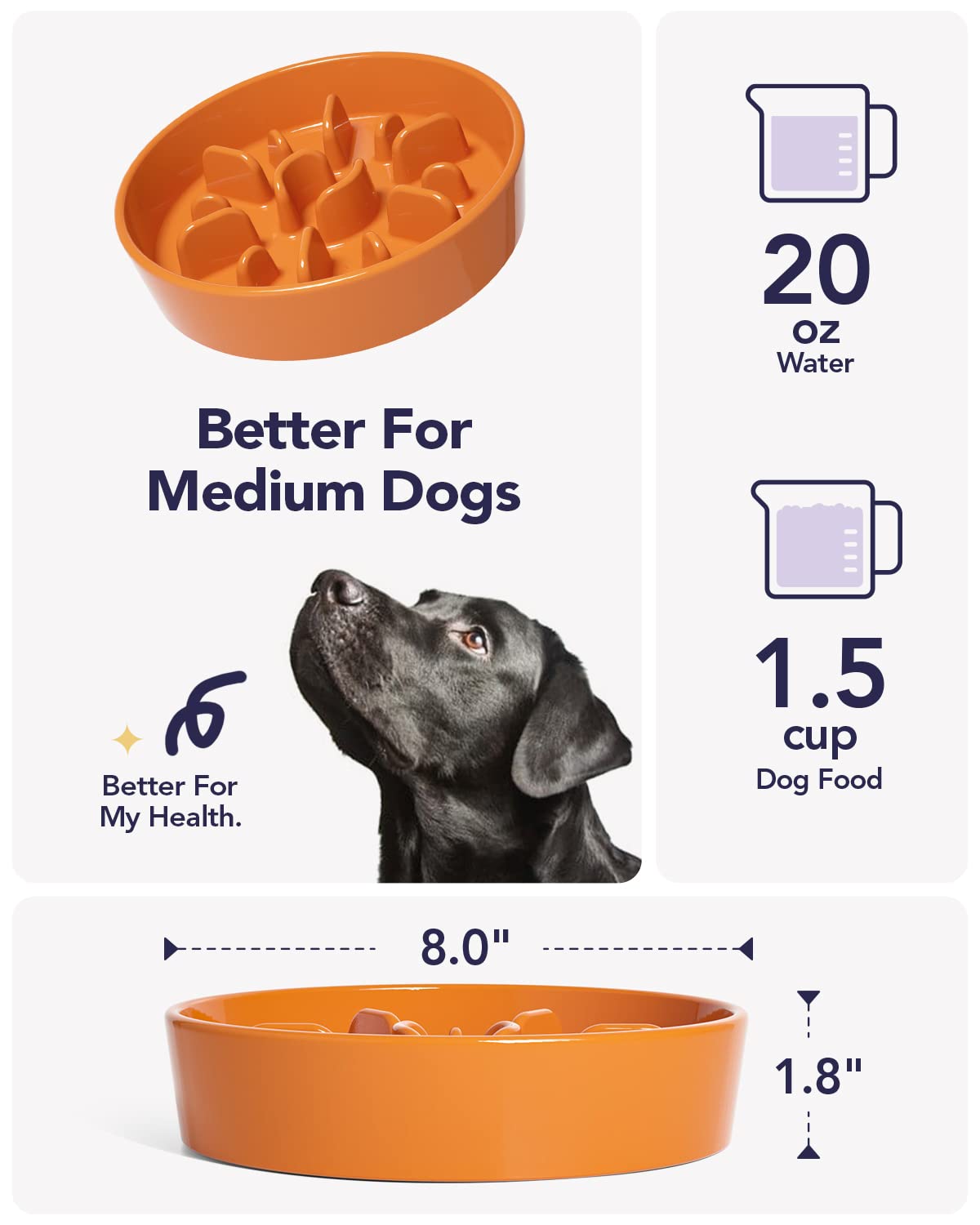 LE TAUCI Slow Feeder Dog Bowl - Ceramic, 1.5 Cups, Sun Orange, Ideal for Small Medium Breeds and Fast Eaters
