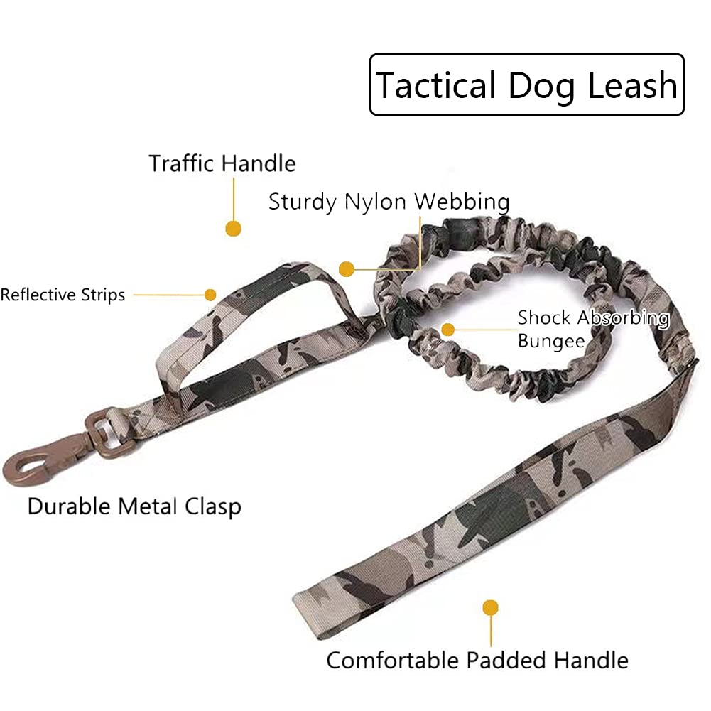 Tactical Dog Collar And Leash Set Tactical Dog Collar With Handle Bungee Leash Adjustable Military Training Nylon Collar Dog Training Collar Leash Set With Control Handleand Metal Buckle (Camo L