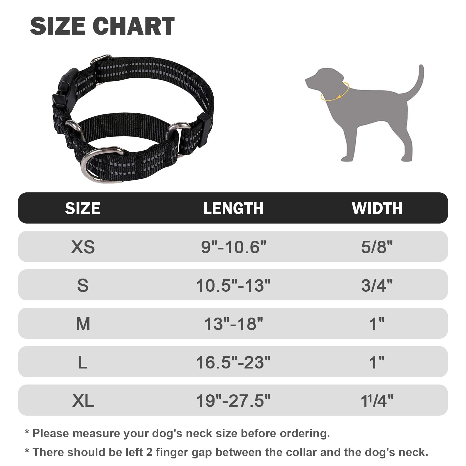 Hikiko Martingale Dog Collar - Reflective Nylon, Quick Release, Adjustable, Size M (13.5"-16.5" Neck), Black for Small to Large Dogs