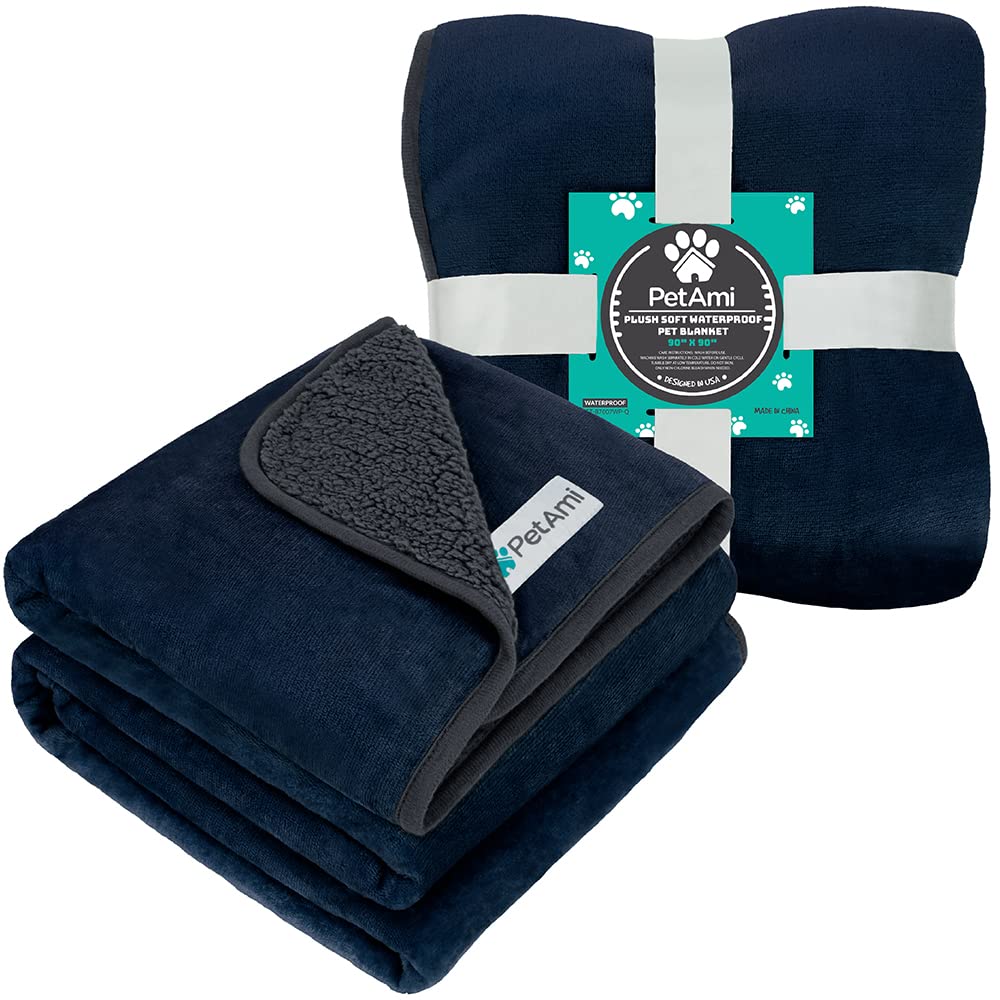 Petami Waterproof Dog Blanket For Large Giant Dogs, Pee Proof Pet Blanket Sherpa Fleece Crate Cover, Reversible Cat Throw Bed Kennel Protector, Soft Plush Washable Pad (Queen 90X90, Blue/Gray)