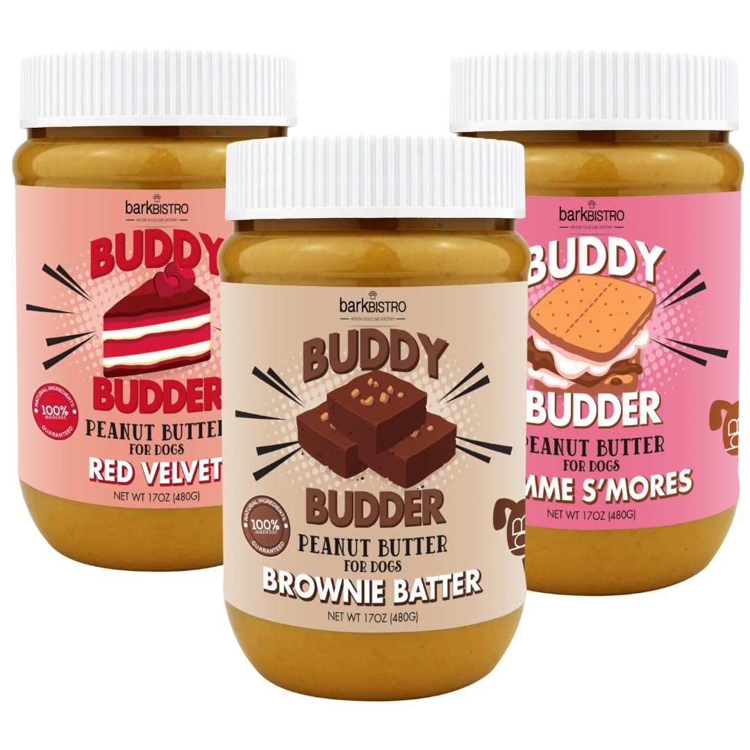 BUDDY BUDDER Red Velvet + Brownie Butter + Gimme SMores, 100% Natural Dog Peanut Butter, Healthy Dog Treat, Made in USA (Set of