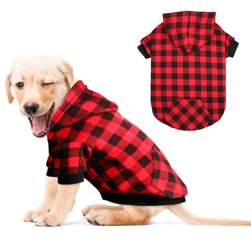 Red Plaid Dog Hoodie Sweater for Dogs Pet Clothes with Hat and Pocket(M)
