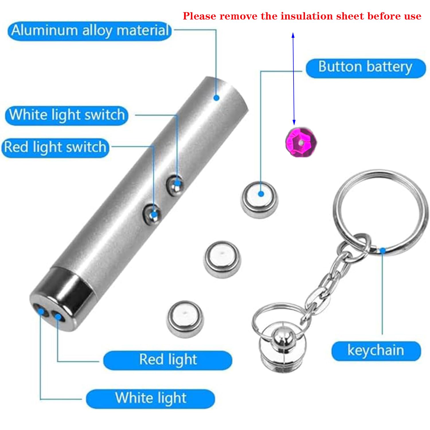 CHUQIANTONG 6PCS Cat Toy Mini Red Laser Pointer Cat Dog Interactive Training Tools White LED Torch Light with Keychain
