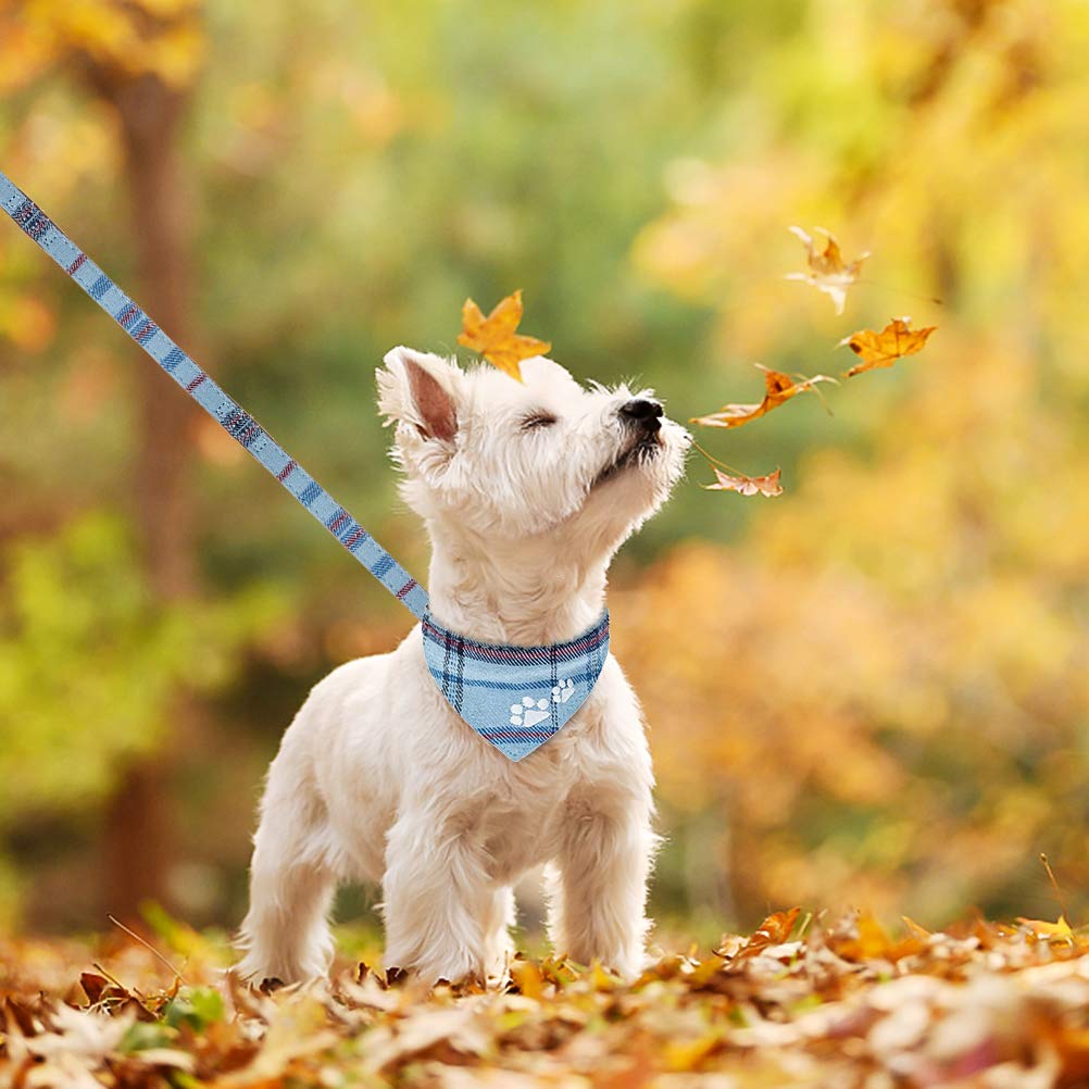 Expawlorer Puppy Collar And Leash Set - Embroidery Pawprints Plaid Dog Collar And Dog Leash Set, Bow Tie And Bandana Dog Collar With Bell, Cute Collar And Leash For Dogs Cats Outdoor Walking, Blue Xs