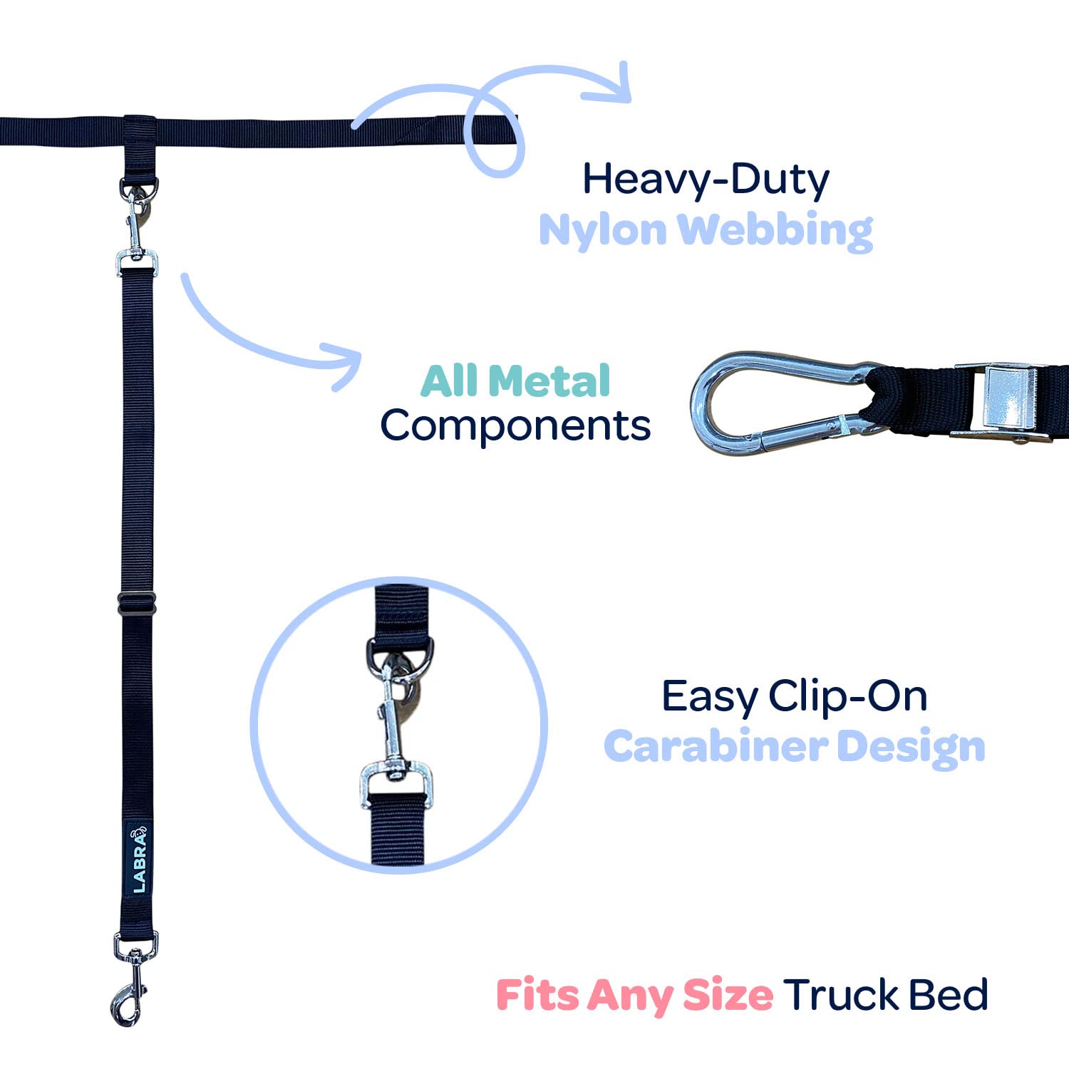 Labra Dog Truck Bed Leash Tether Tie Down System - Canine Leash For Truck Or Car Outdoor Bed, Out Leash, No Chain, Comfortable Pickup Bed Leash