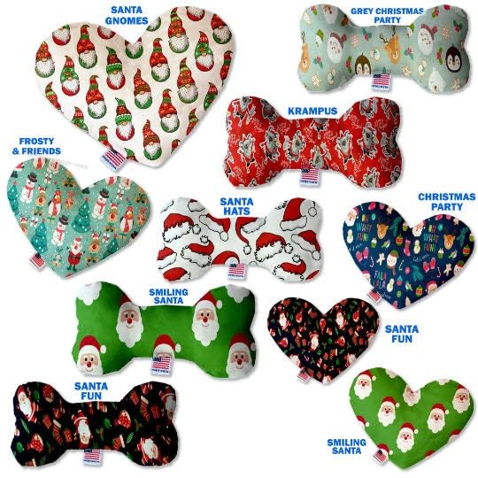 Pet and Dog Plush Heart or Bone Toy, "Santa Group" (Available in different sizes, and 8 different pattern options!) Grey Christmas Party 8" Plush Heart
