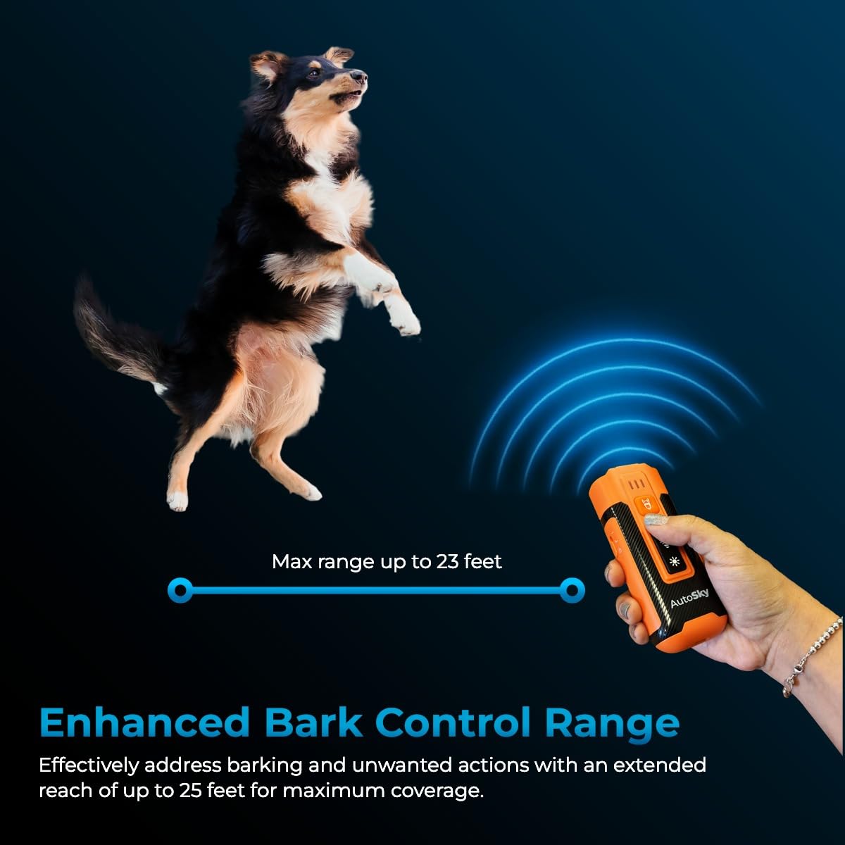 Autosky Ultrasonic Dog Bark Control Device - Portable Rechargeable Trainer With 3 Emitters, 2 Adjustable Modes, Led Flashlight -