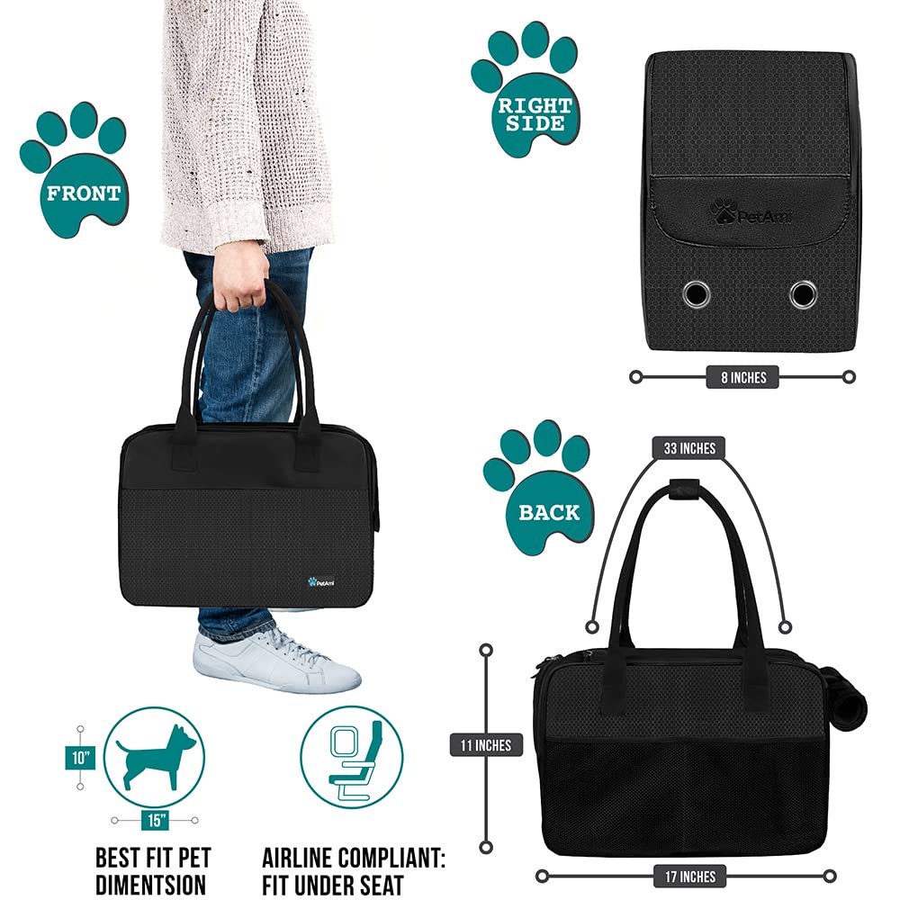 Petami Dog Purse Carrier For Small Dogs, Airline Approved Soft Sided Pet Carrier With Pockets, Ventilated Dog Carrying Bag For Puppy Cat, Dog Travel Supplies Bag, Sherpa Bed, Max 12 Lbs, Black