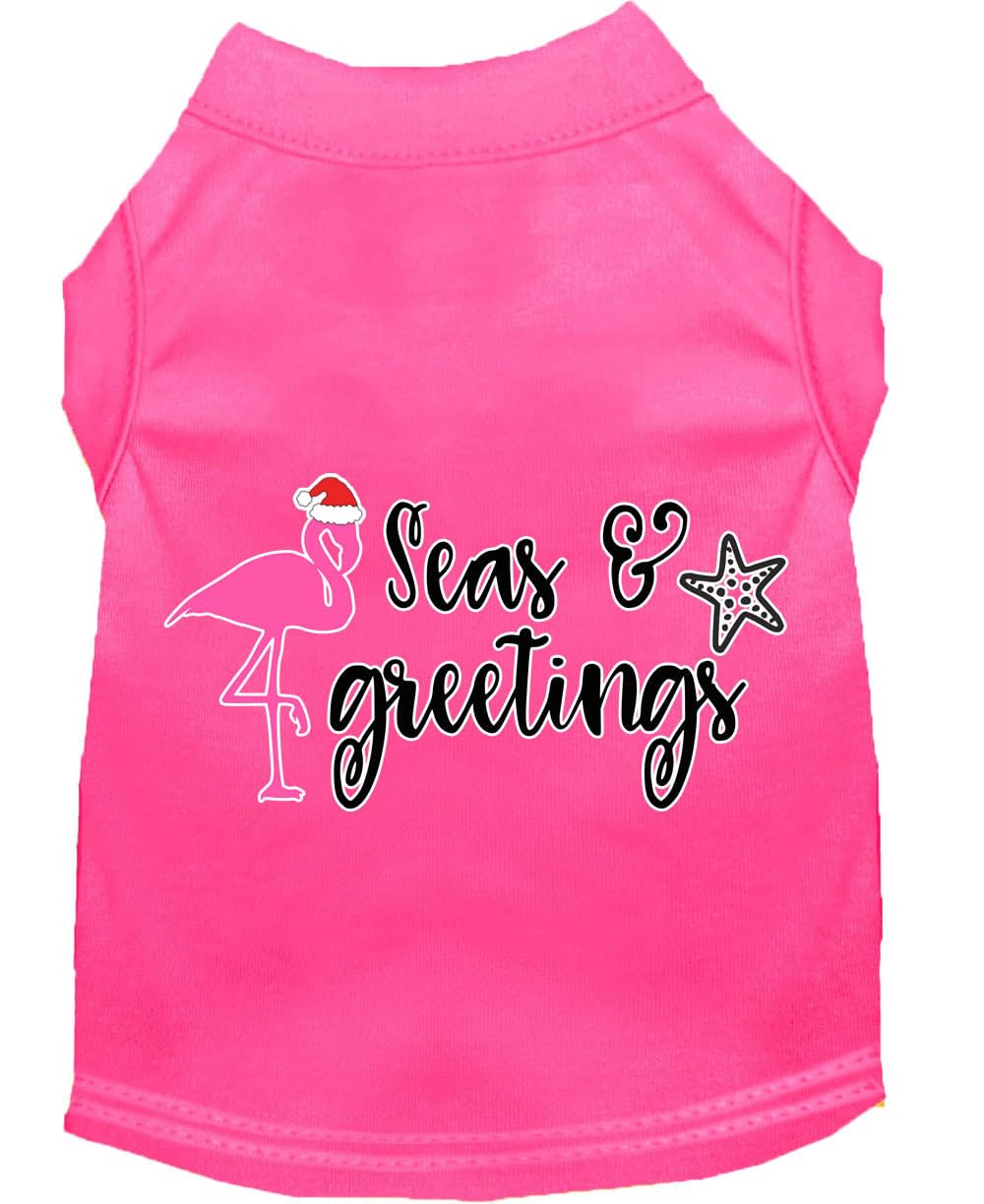 Christmas Pet Dog & Cat Shirt Screen Printed, "Seas and Greetings" Bright Pink SM (3-6 lbs.)