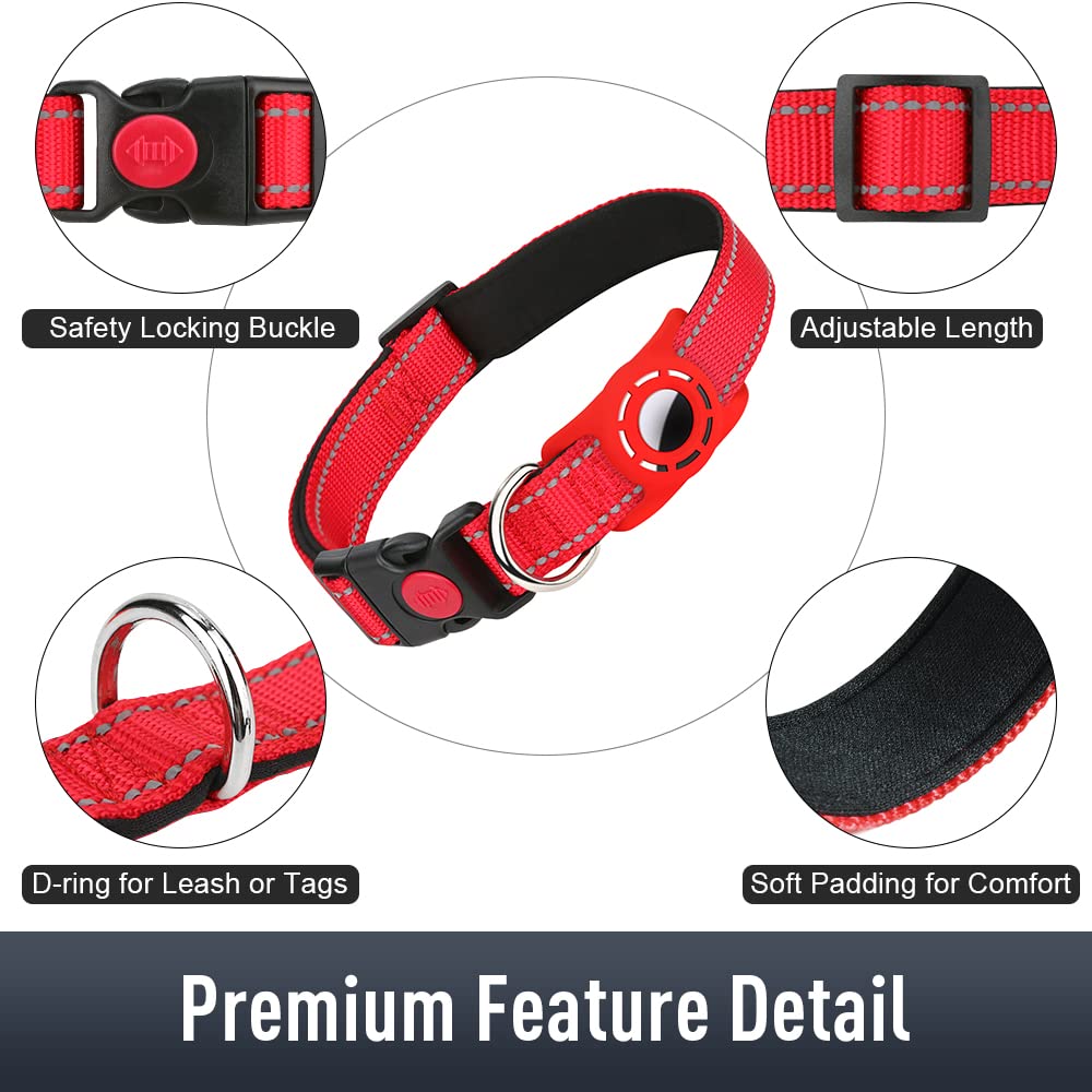 Erbine Airtag Dog Collar For Medium Dogs, Reflective Dog Collars With Airtag Holder, Soft Padded & Safety Locking Buckle, Nylon Pet Collar Adjustable For All Breeds, Red