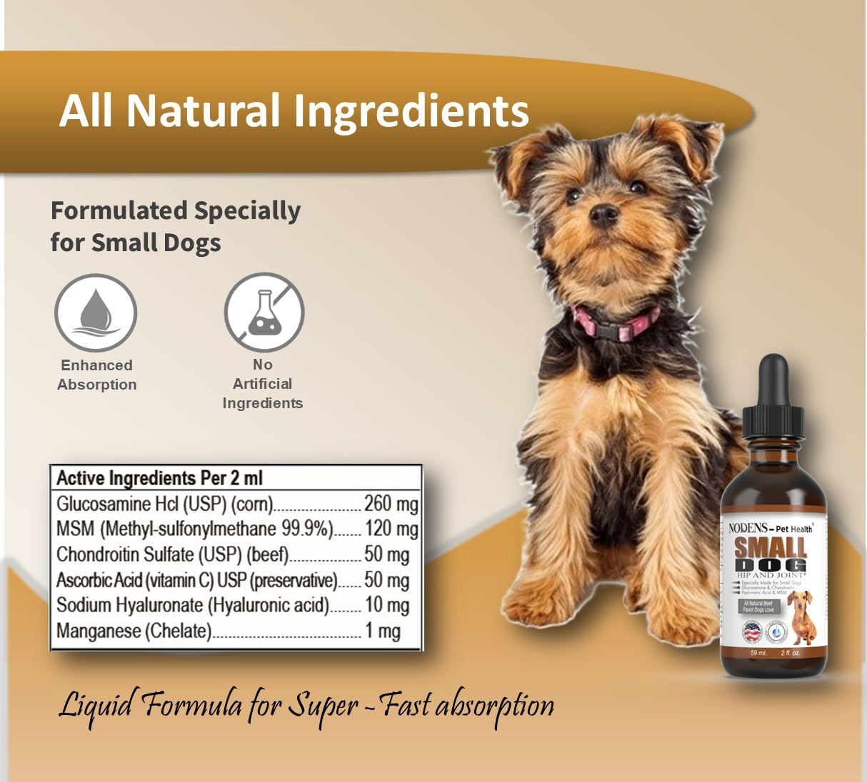 NODENS Small Dog Hip & Joint Liquid Glucosamine with Chondroitin & MSM - 2 fl oz Joint Supplement for Dog Flexibility