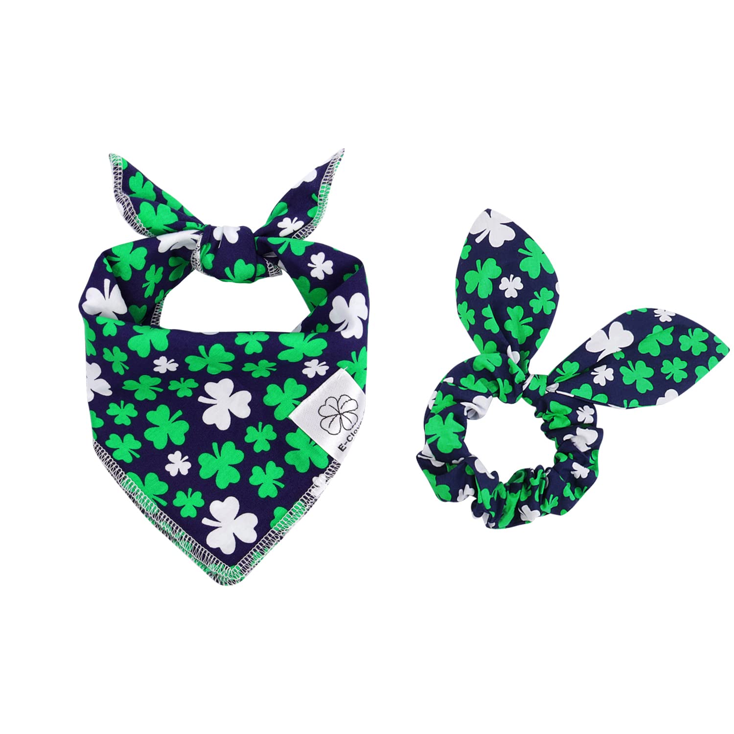 E-Clover Spring Day Dog Bandana & Matching Scrunchie Set Shamrock Lucky Dog Bandanas Scarf With Bow Hair Ties For Small Puppy Do