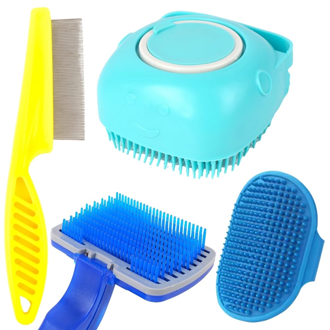 Pet Grooming Brush Set, Soft Silicone Dog Brushes With Metal Flea Comb, Blue And Turquoise, Professional Deshedding Tool For Dog