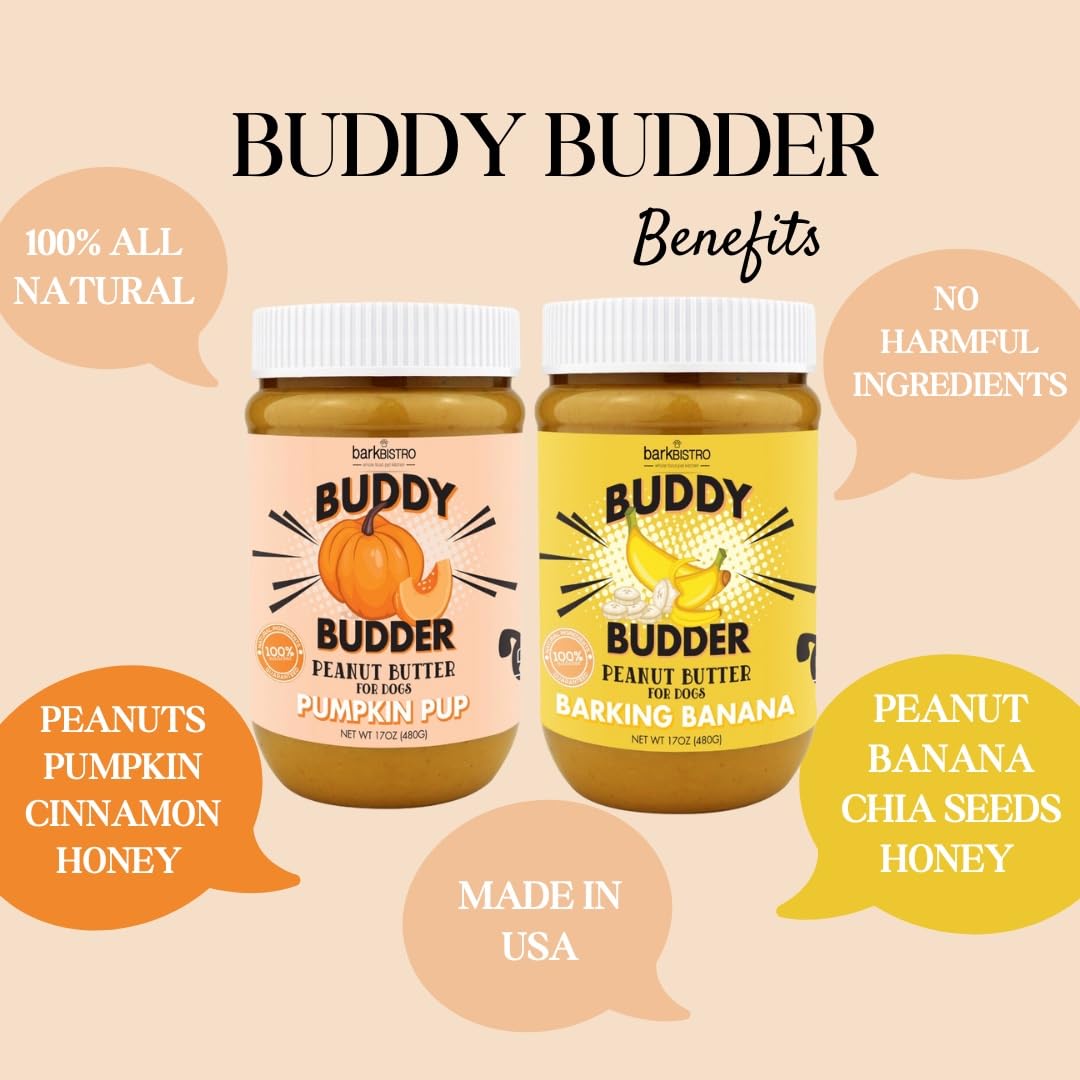 BUDDY BUDDER Barkin Banana + Pumpkin Pup, 100% All Natural Dog Peanut Butter, Peanut Butter Dog Treat, Made in USA (Set of 2 | 1