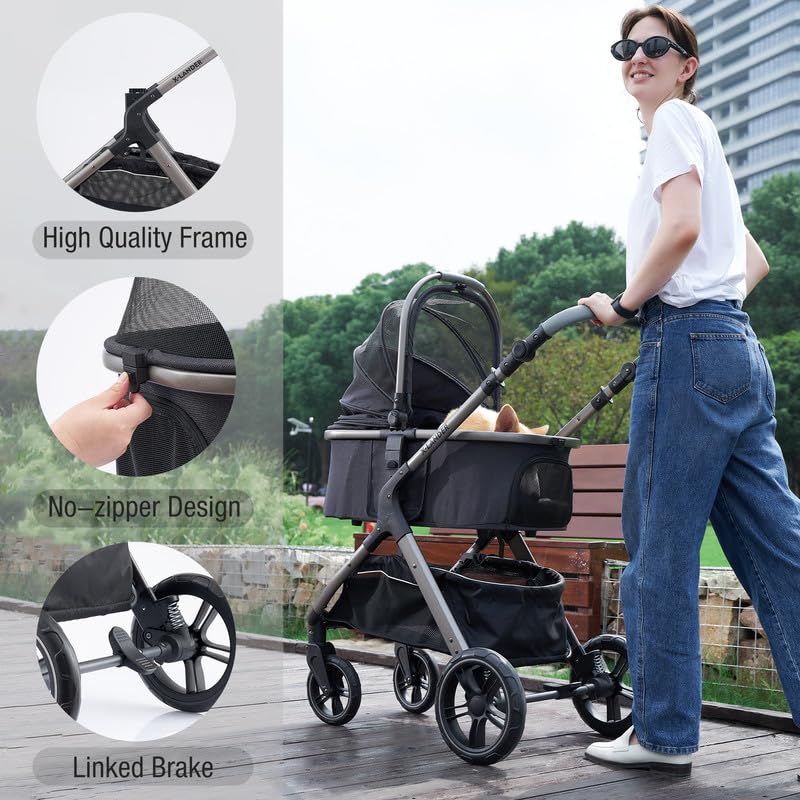 Tumitpet Pet Stroller For Small Medium Dogs, Cat Carriage Travel System Four Wheel Dog Stroller With Carrier, Zipperless Entry/C