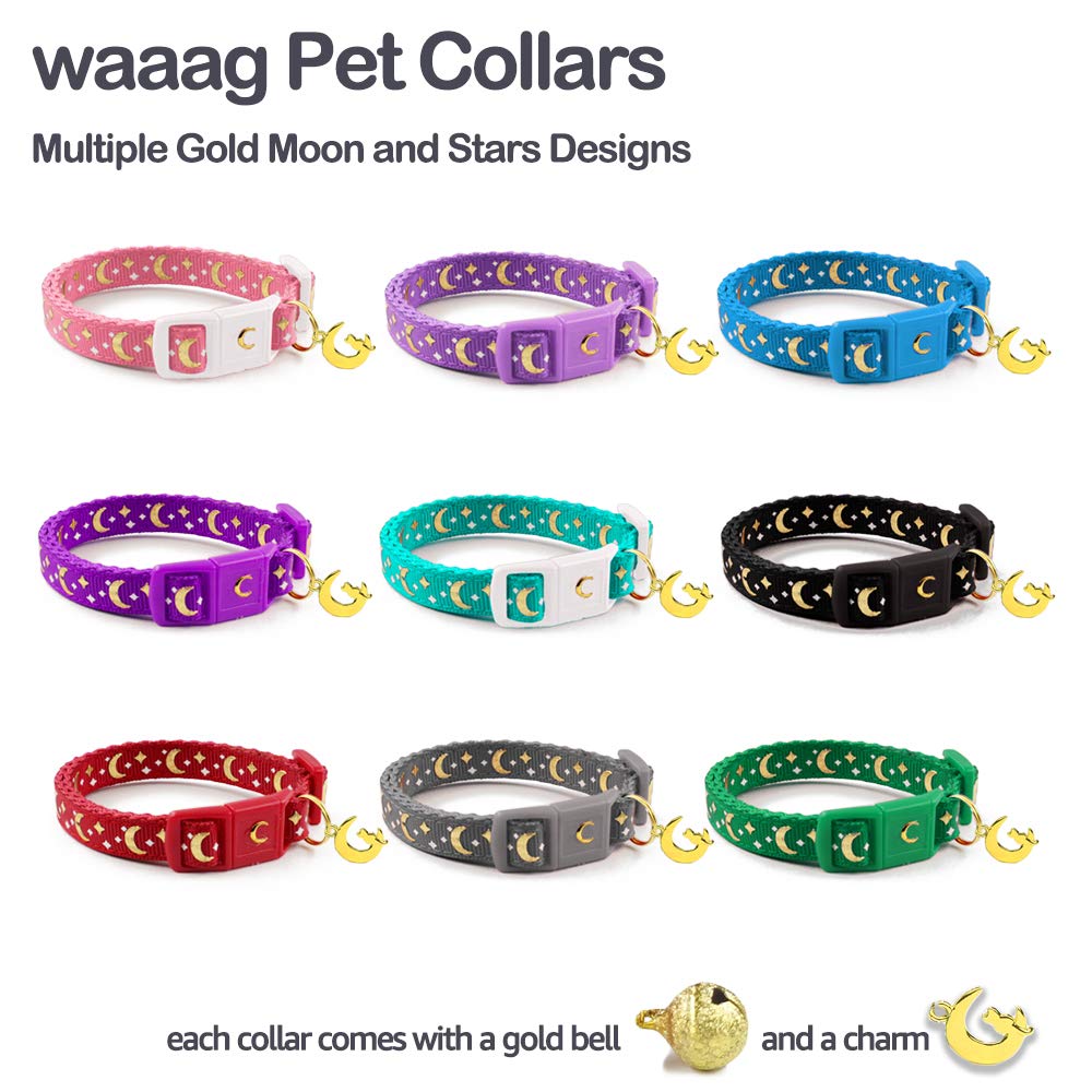 Waaag Cat Collars, Gold Moons And Stars Cat Collar, Safety Breakaway Cat Collar, Glow In The Dark (Standard 9''-15'' Neck, Grey)