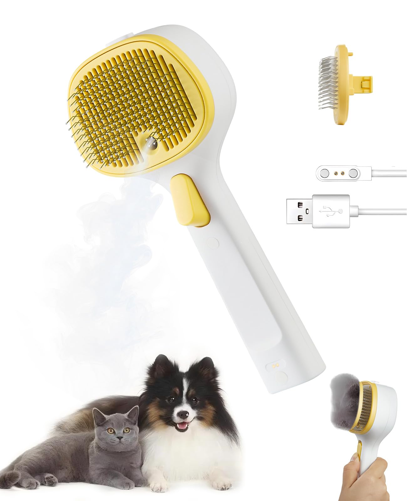 Furgo 3In1 Pet Steam Brush For Dogs & Cats  Reduces Static, LongPin Head For Long Hair, OneClick Release Button, Dog Spray 