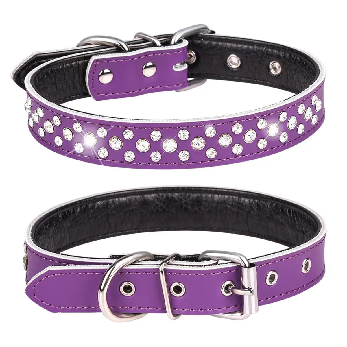 Btdcfy Rhinestones Pet Dog Collars Adjustable Sparkly Crystal Studded Genuine Leather Pet Collar For Small And Medium Dog 1' Wide (S(Neck 11-13'), Purple)