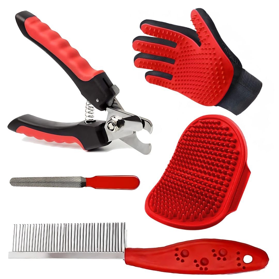 Pet Fun 5In1 Pet Grooming Kit Combo | Nail Cutter & Filer, Flea Comb, Deshedding Glove & Silicone Palm Bath Brush | Grooming T