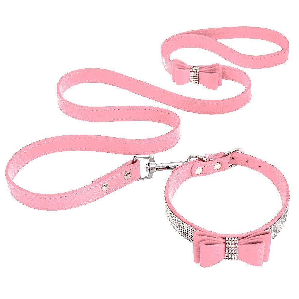 Beirui Rhinestone Bling Leather Dog Collar And Leash Set - Soft Flocking Sparkly Crystal Diamonds Studded - Cute Double Bowknot Cat Collar With 4 Foot Leash For Pet Show,Pink,Neck:6-8'