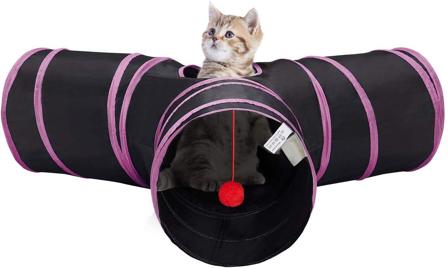 Sage Square Jumbo Collapsible Portable Sleeping Bag Exercise 3 Way Tunnel With Hanging Ball For Cat/Kittens/Puppy/Dogs (Pink)