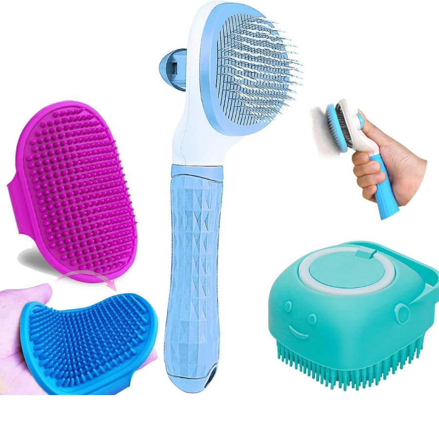 Kittupet 3 Pcs Pet Grooming Combo Pet Slicker Brush And Bath Brush,And Bathing Glove Cleaning And Shower Bathing For Long Short 