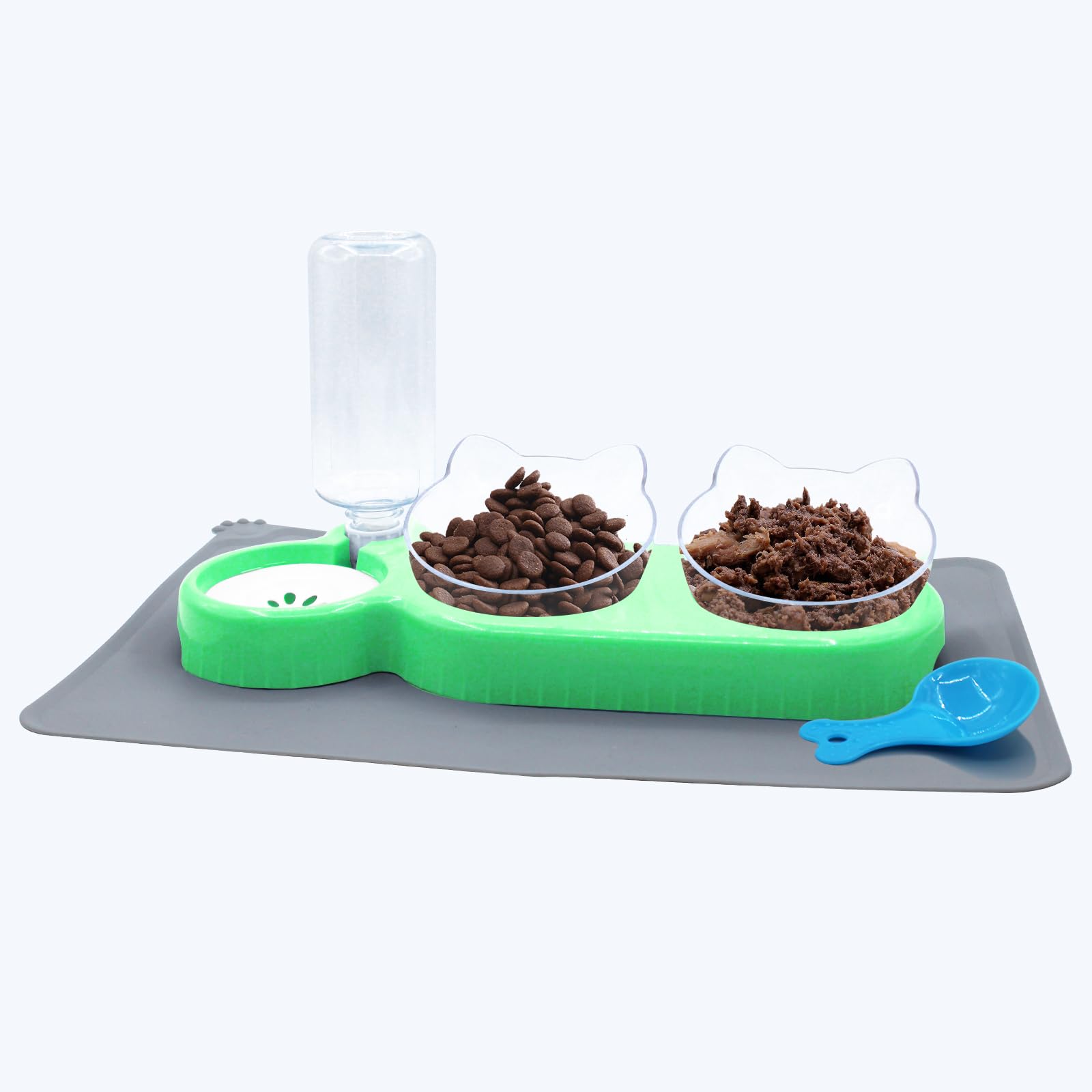 Triple Cat Bowls with Water Dispenser, Pet Whisker Friendly Water and Food Bowl Set with Non-Slip Mat, 15 Tilted Double Feeding 